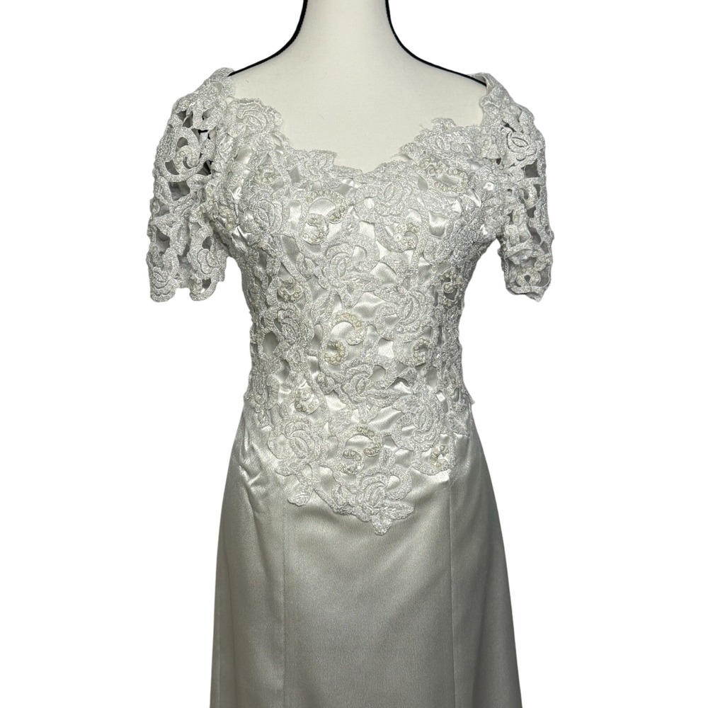 Vintage 80s/90s Hand Made Midi Beaded A line Wedding Dress‎ Satin Romantic XS/S